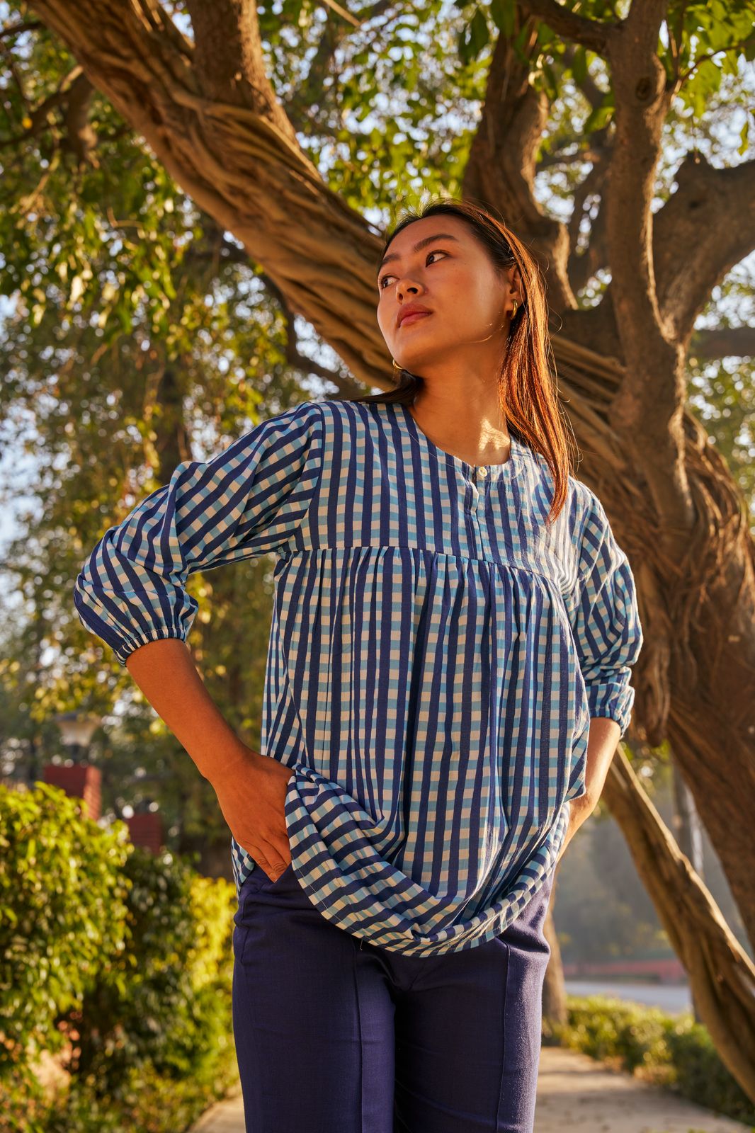 BLUE CHECKERED SHORT  KURTI