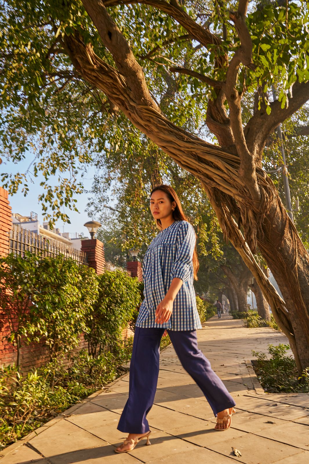 BLUE CHECKERED SHORT  KURTI