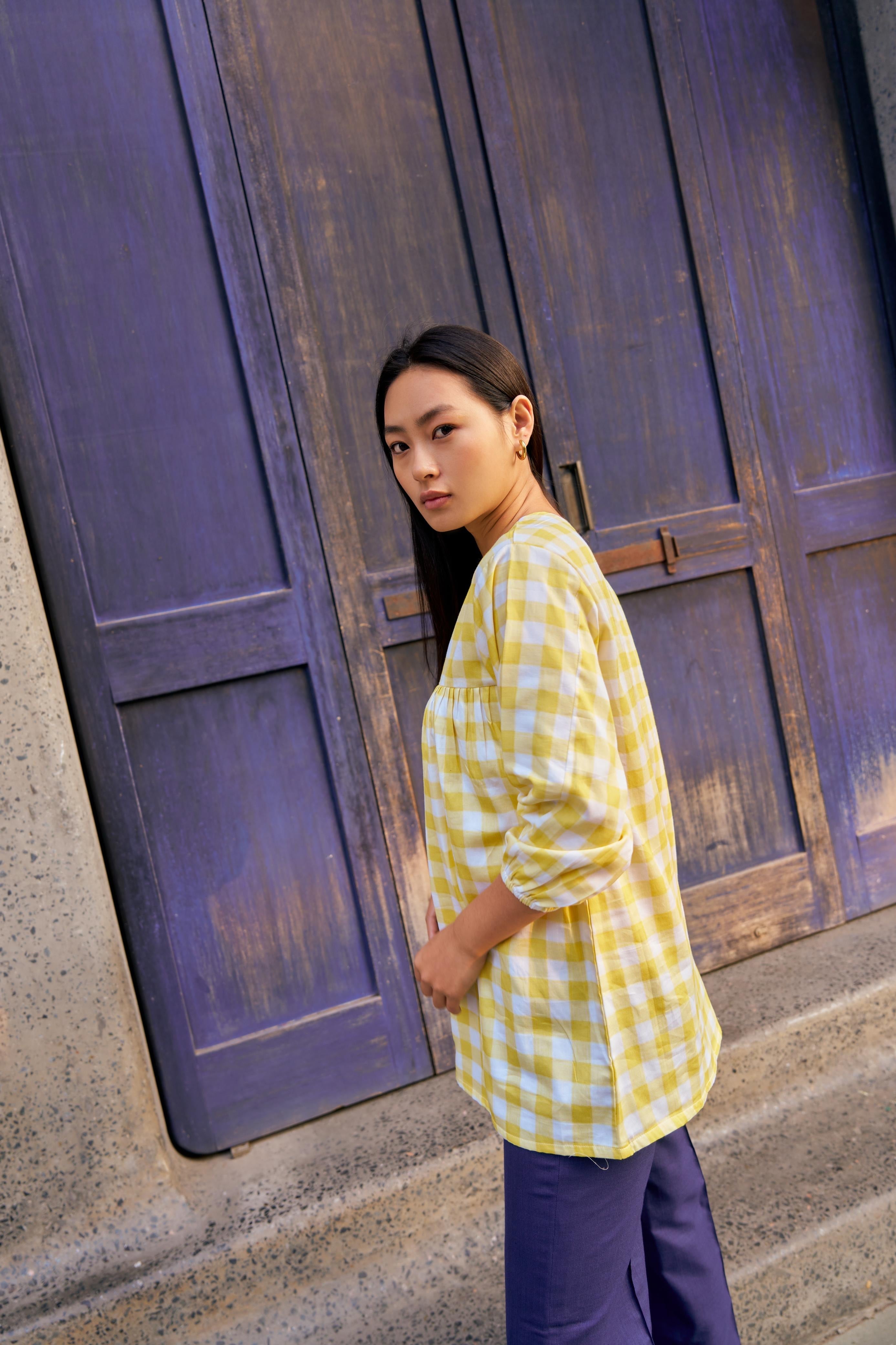 YELLOW CHECKERED SHORT KURTA