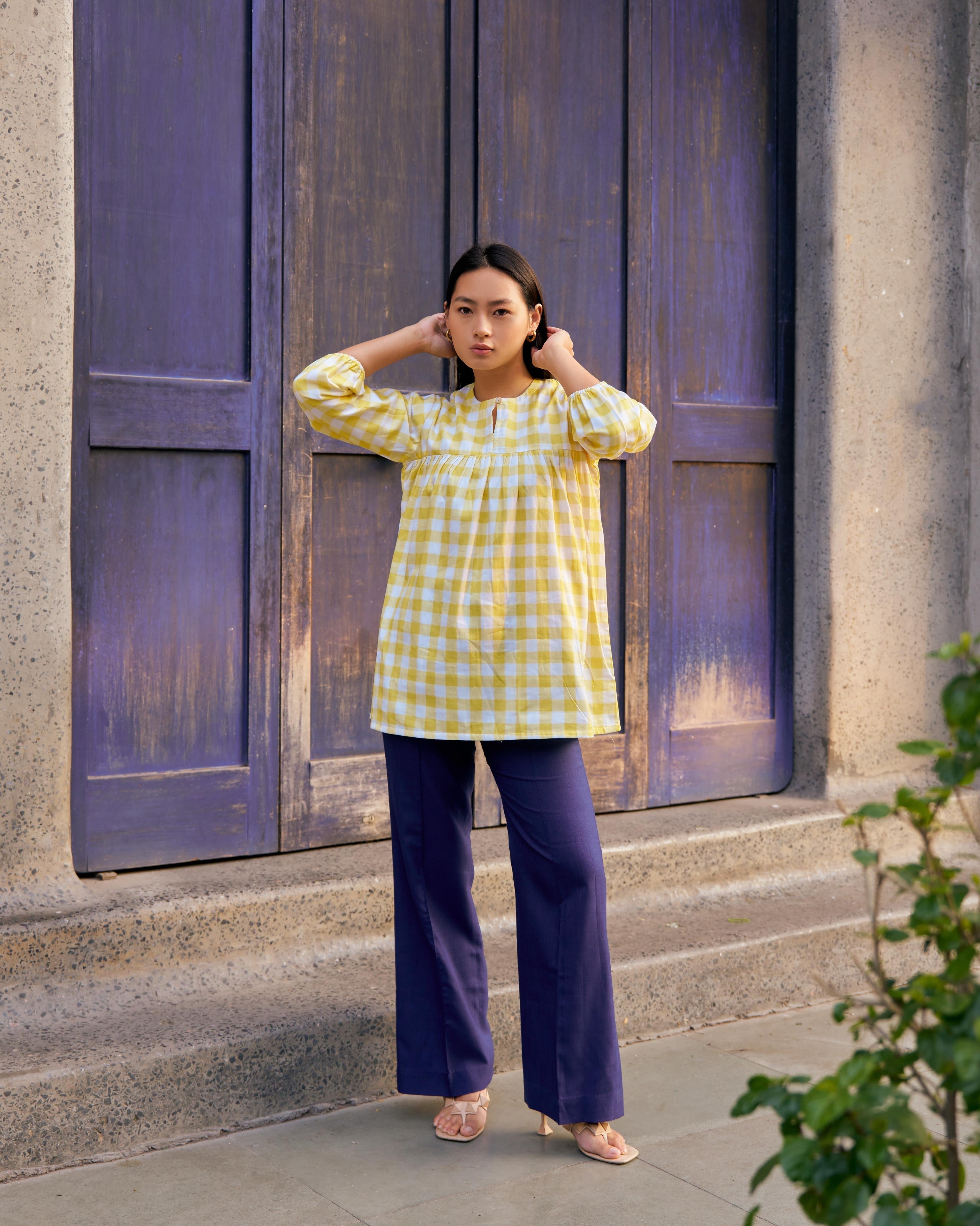 YELLOW CHECKERED SHORT KURTA