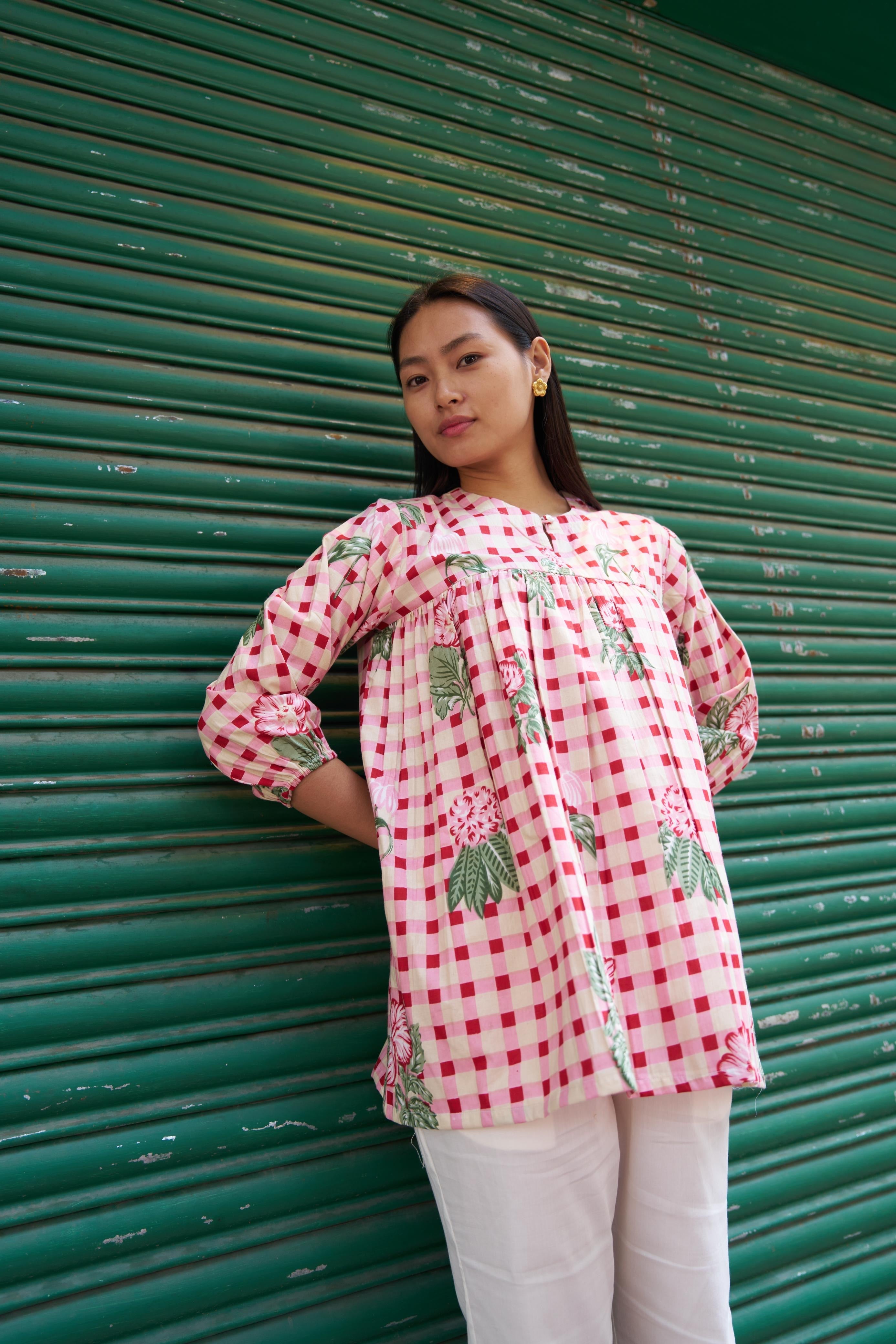 PINK CHECKERED SHORT KURTI