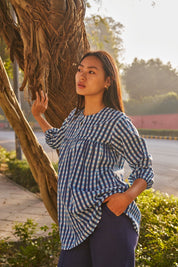 BLUE CHECKERED SHORT  KURTI