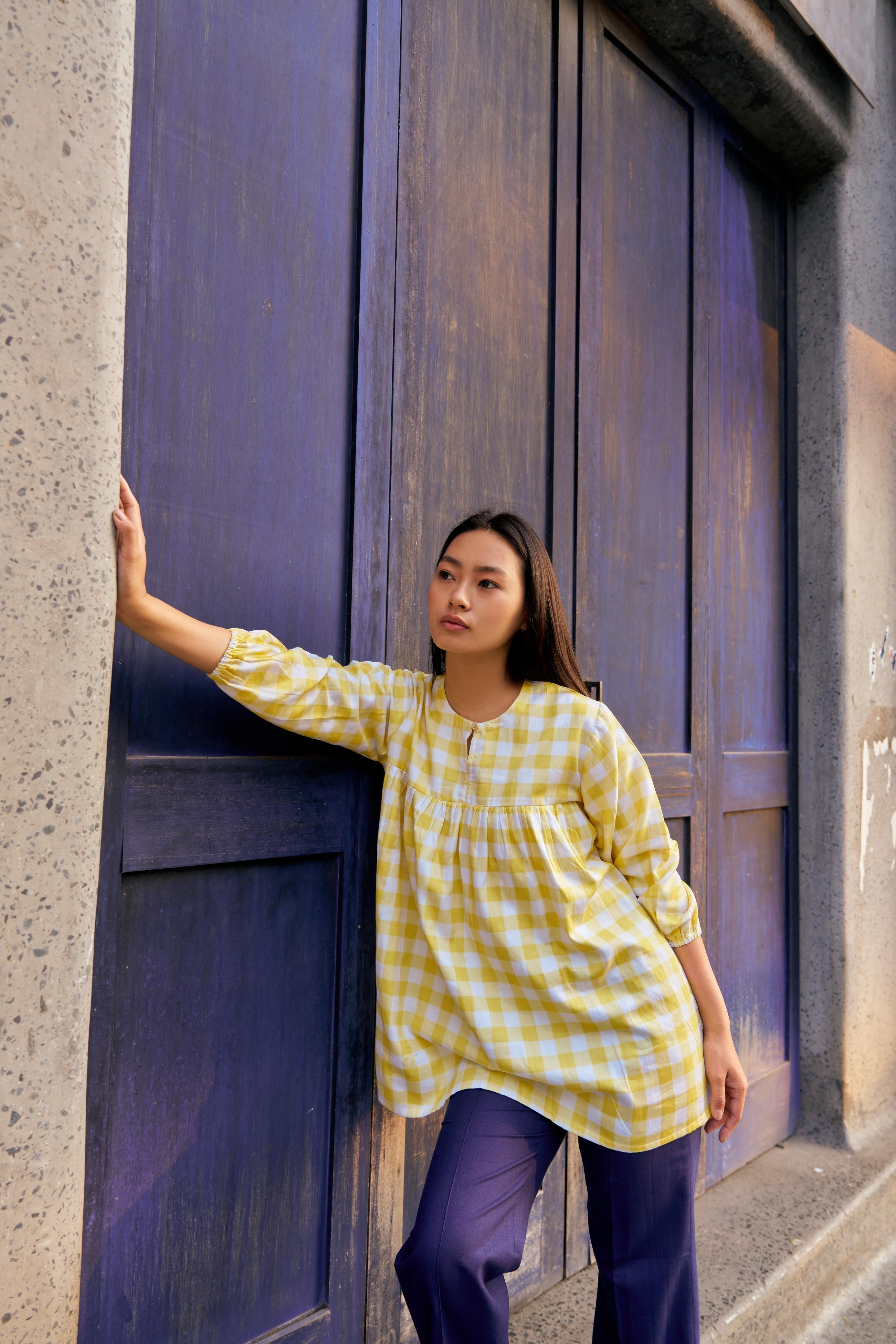YELLOW CHECKERED SHORT KURTA