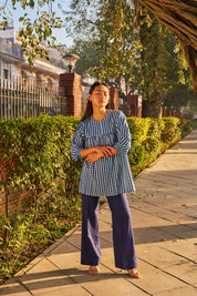 BLUE CHECKERED SHORT  KURTI