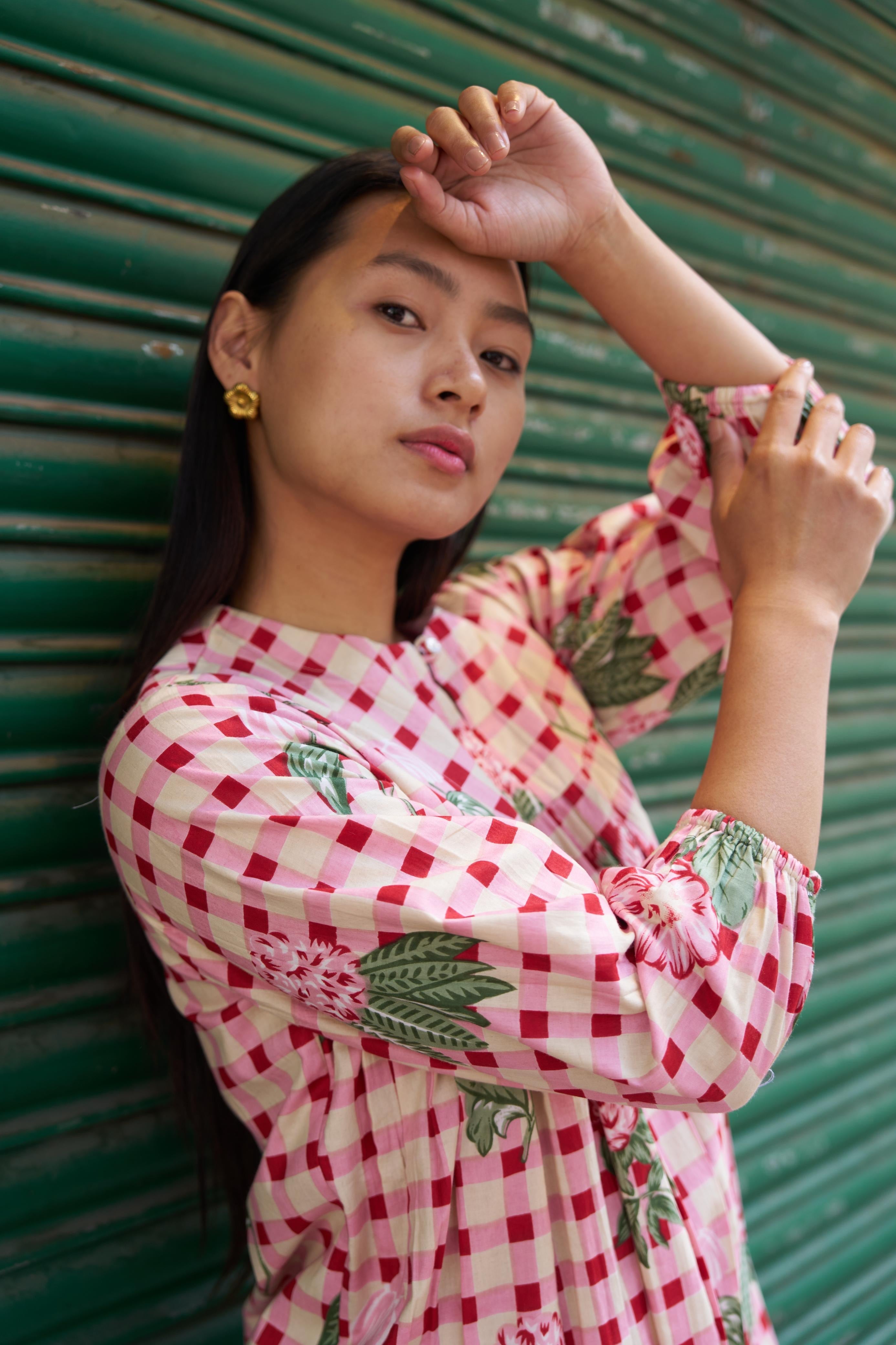 PINK CHECKERED SHORT KURTI